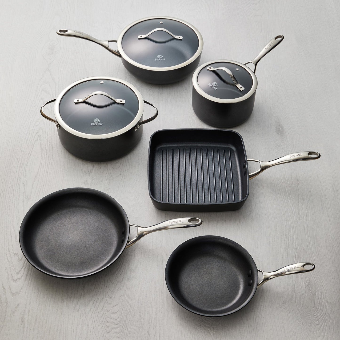 a stylish cookware set with sleek non-stick surfaces and matching lids in vibrant colours - Baccarat