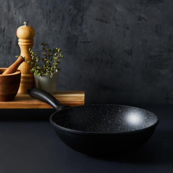 28cm stone wok with lid on dark surface showcasing non-stick finish - Baccarat