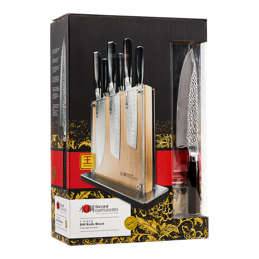 Baccarat Damashiro Emperor Shi knife block with seven premium knives featuring elegant handles