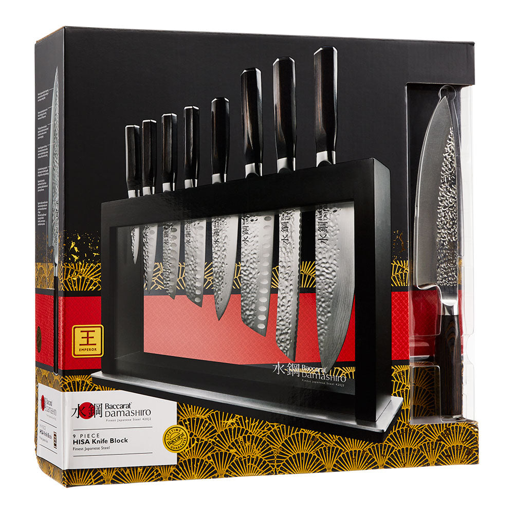 nine piece knife block with sleek black handles and shiny blades - Baccarat damashiro emperor hisa