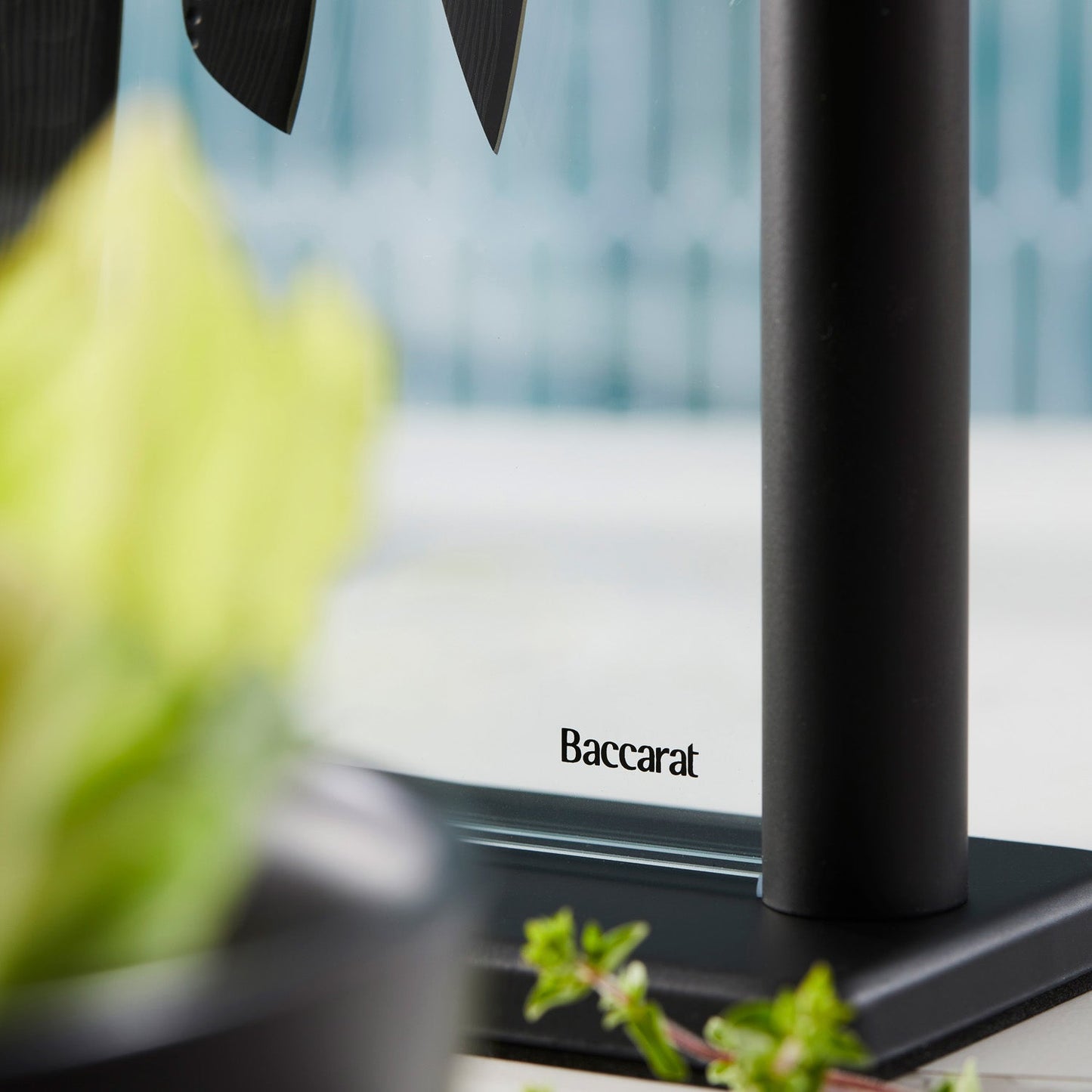 A person chops cabbage on a modern counter with a black knife block displaying knives - Baccarat