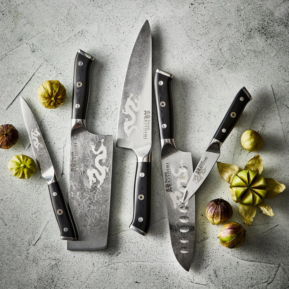 Sliced fresh bread on a wooden board with a sharp knife and vibrant vegetables - Baccarat Kiyoshi