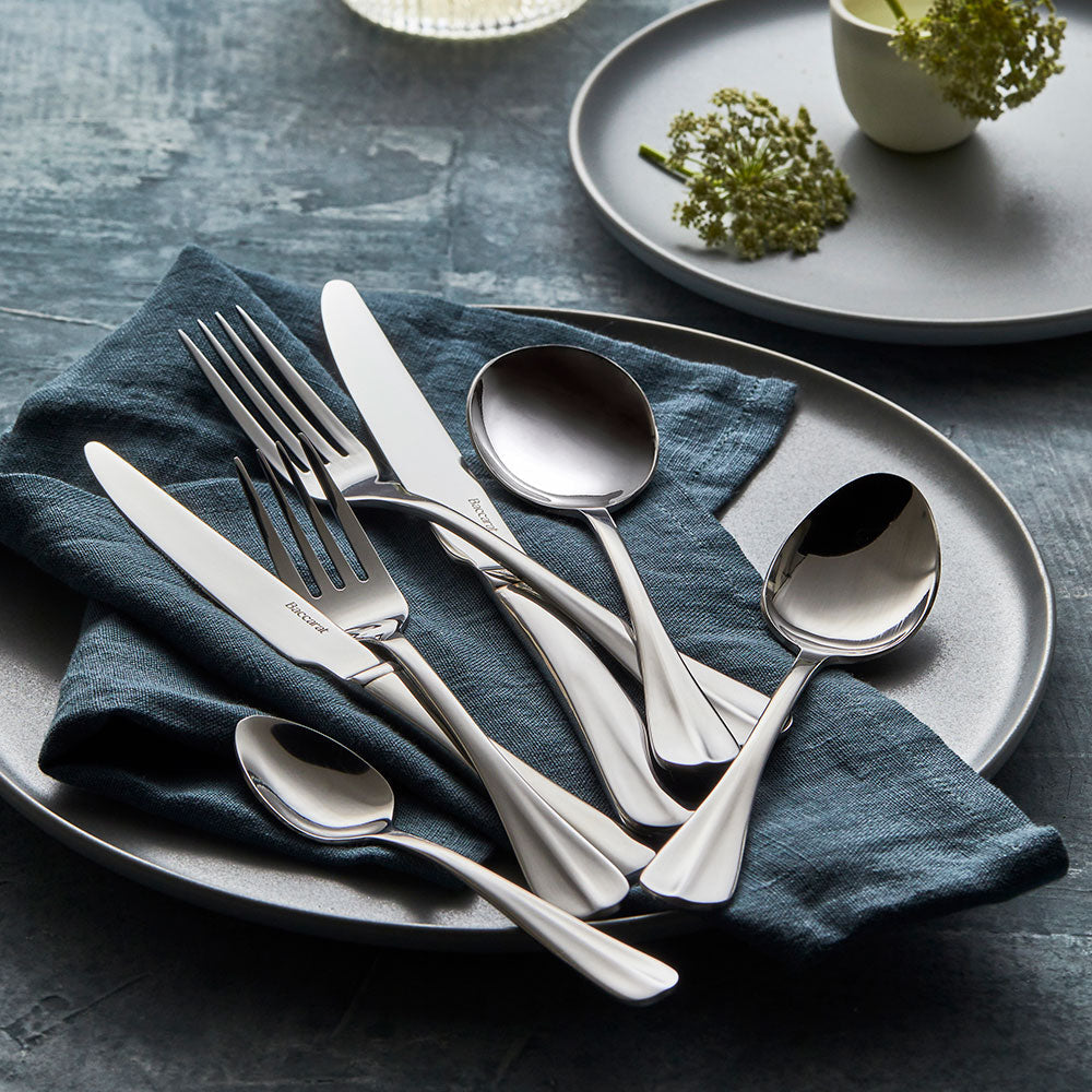 Elegant stainless steel cutlery pieces arranged with forks knives and spoons - Baccarat Royce