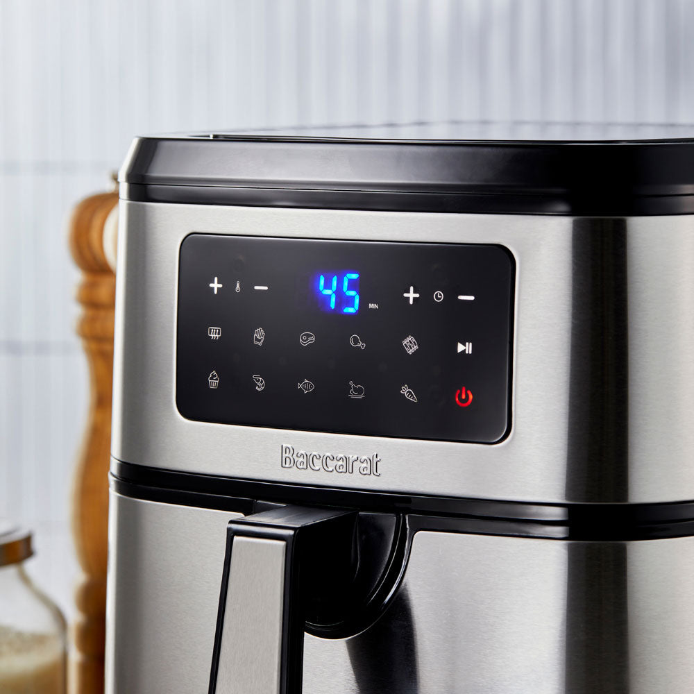 Cooked chicken in drawer of air fryer with digital display - Baccarat the healthy fry 9l air fryer