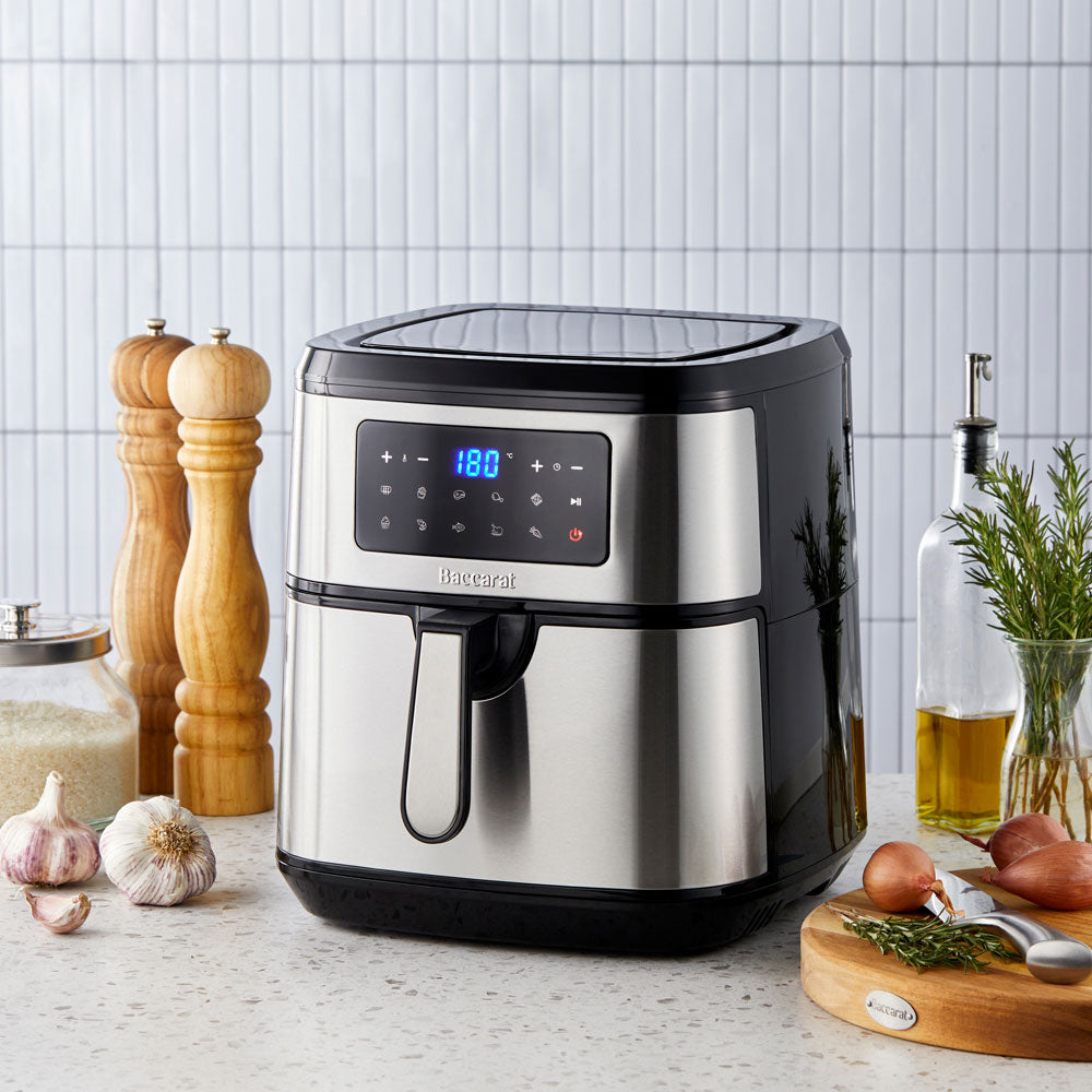 Cooked chicken in drawer of air fryer with digital display - Baccarat the healthy fry 9l air fryer