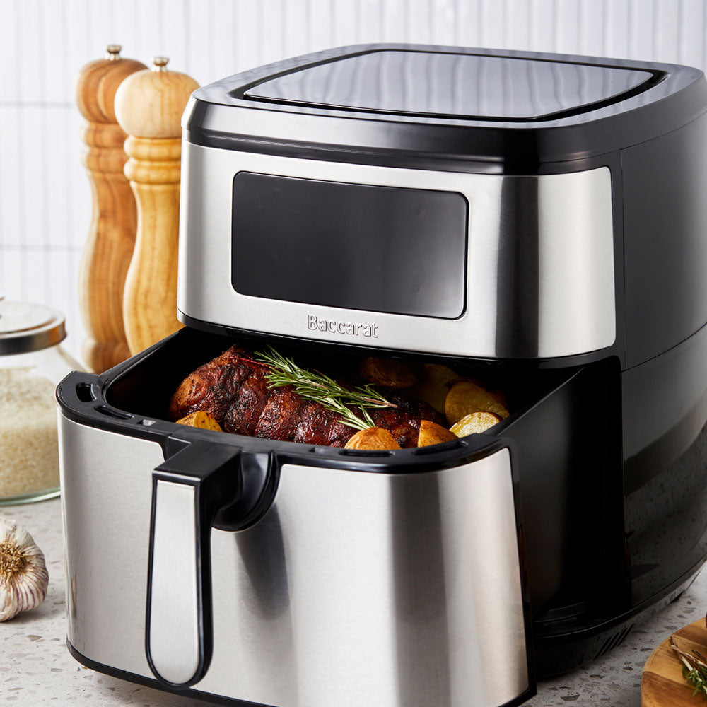 Cooked chicken in drawer of air fryer with digital display - Baccarat the healthy fry 9l air fryer