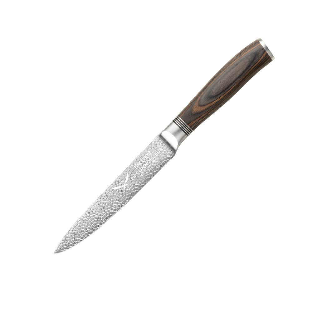 A sleek knife with a wooden handle inside an open silver box brown utility knife 12cm - Baccarat