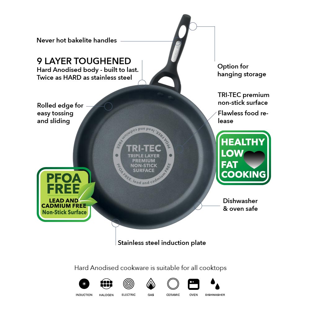 A black frying pan with vegetables and a fried egg hard anodised cookware 22cm fry pan - Baccarat