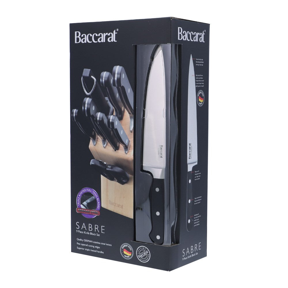 set of kitchen knives and scissors featuring sleek shiny blades and black handles - Baccarat Sabre