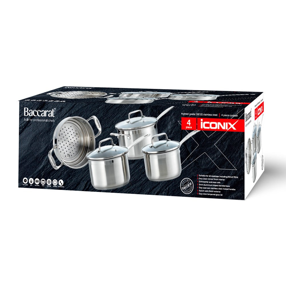 A set of polished stainless steel cookware with fresh vegetables on a wooden board - Baccarat Iconix