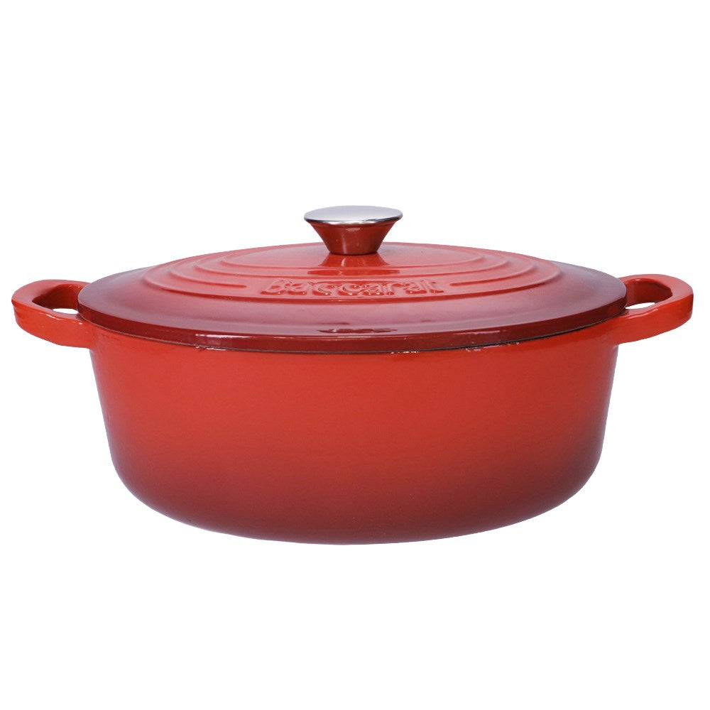Oval cast iron French oven with lid in red color for cooking and serving - Baccarat Le Connoisseur