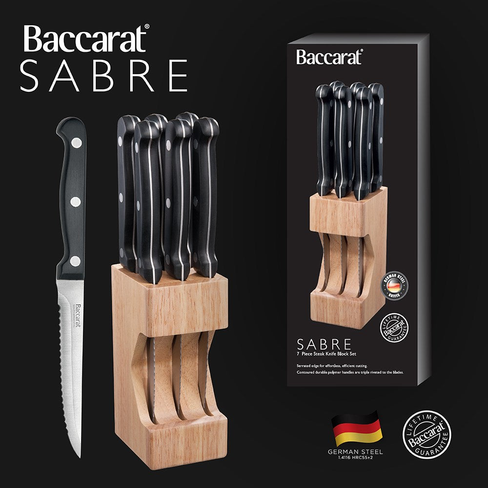Baccarat Sabre steak knife block set featuring elegant design with sleek black handles - Baccarat