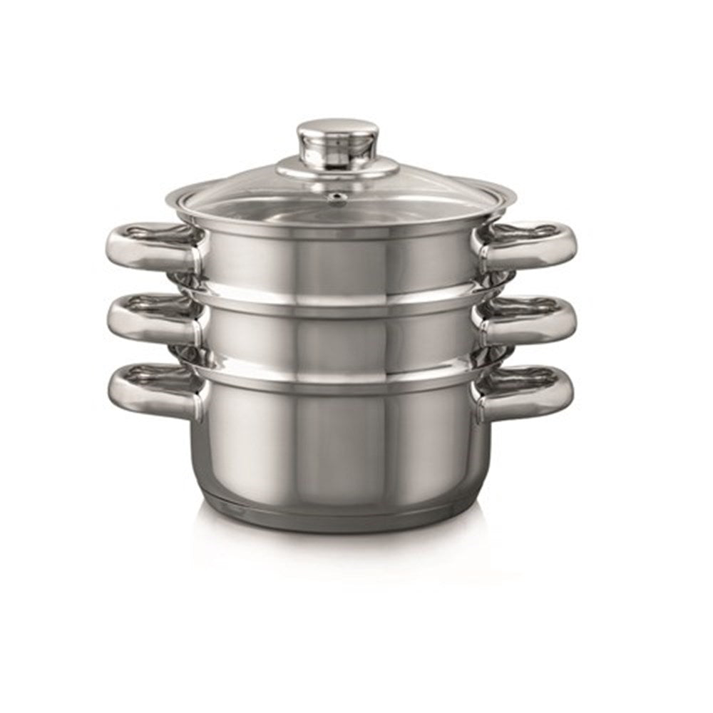 Three tier stainless steel steamer set in black and white for versatile cooking - Baccarat