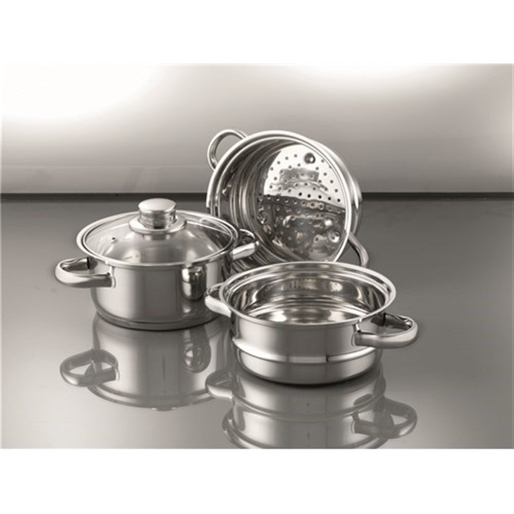 Three tier stainless steel steamer set in black and white for versatile cooking - Baccarat