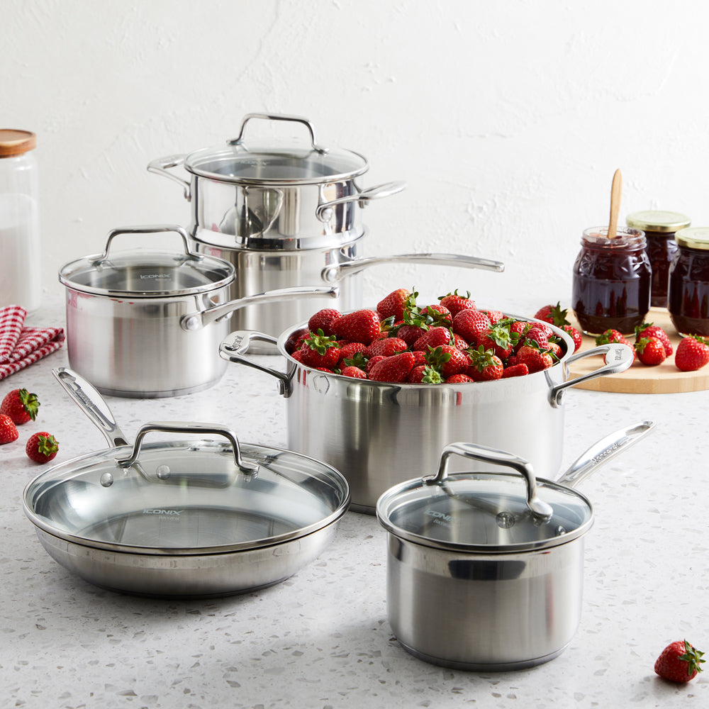 Baccarat iconiX 6 Piece Stainless Steel Cookware Set on a kitchen bench at Baccarat