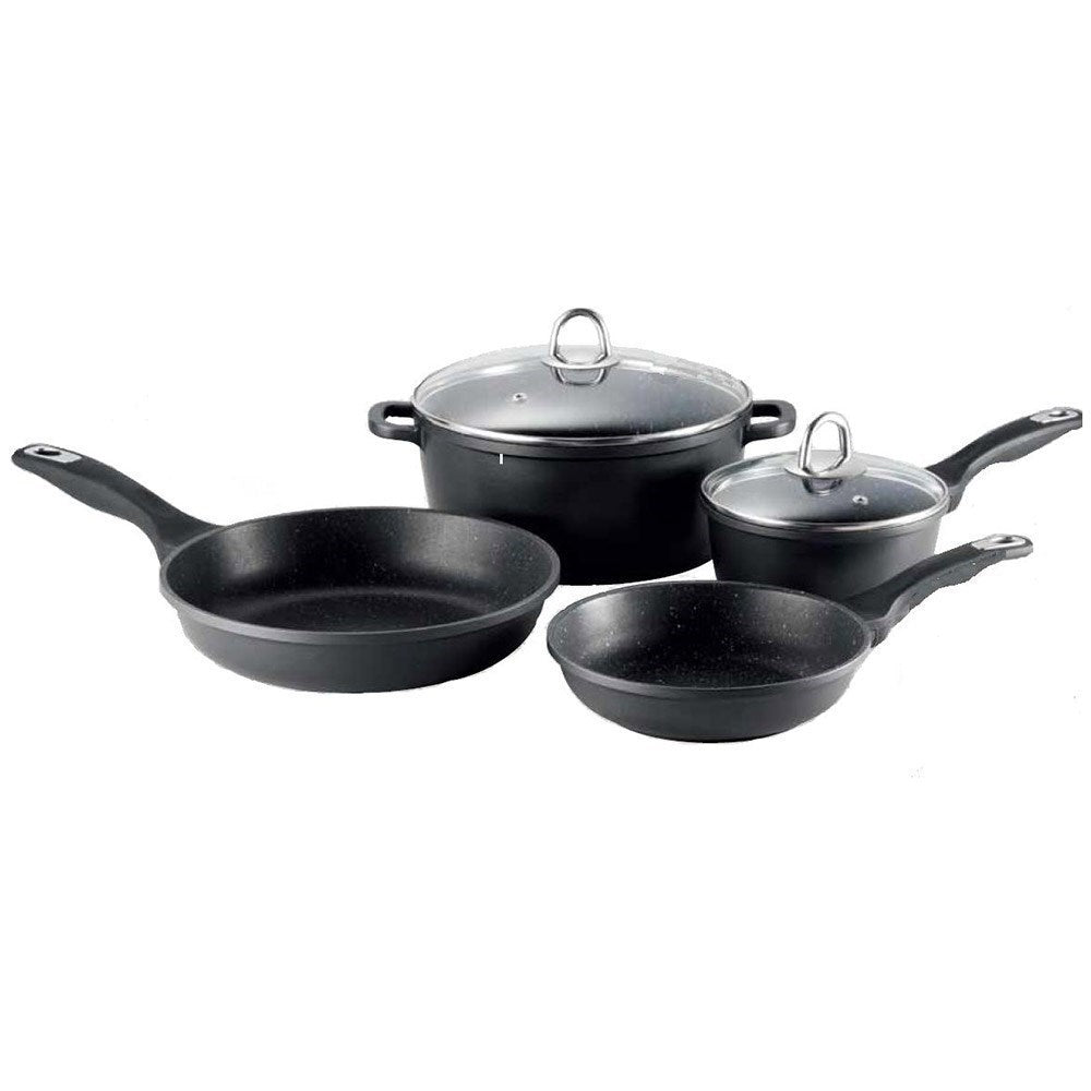 Cookware set including pots and frying pans arranged on a rustic wooden surface - Baccarat