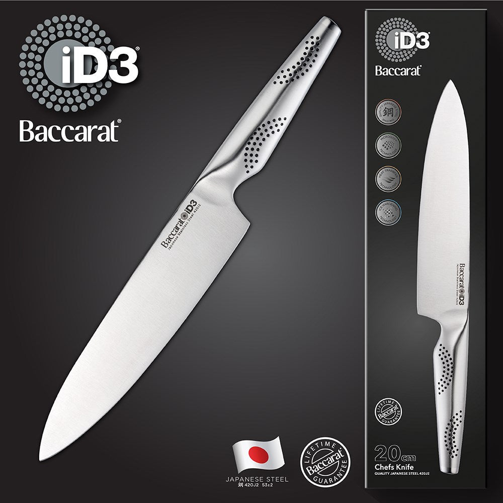 A person slicing vegetables on a wooden board with a chef's knife - Baccarat id3 chefs knife 20cm