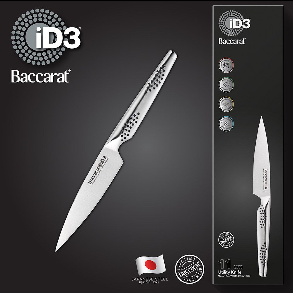 Chopped vegetables on a wooden board with fried veggies in a pan - Baccarat id3 11cm Utility Knife