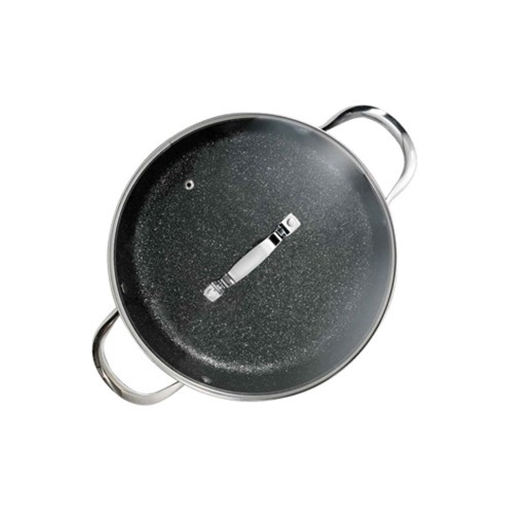 A top-down view of a frying pan with a smooth surface and sturdy handle grey stone - Baccarat