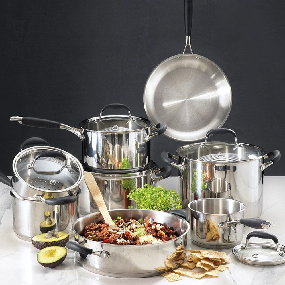 Shiny stainless steel pots, pans arranged on kitchen counter capri stockpot with lid 8 2l - Baccarat