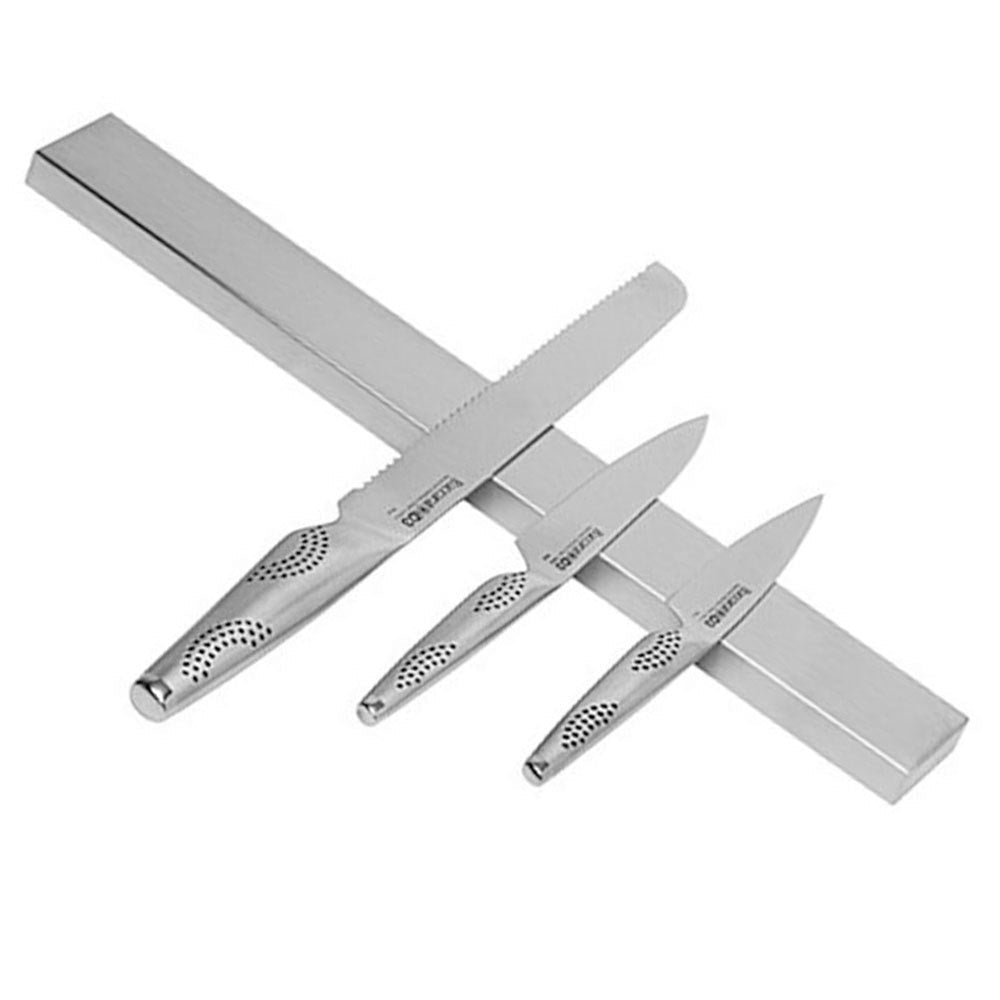 Magnetic stainless steel knife holder with five silver knives on a marble surface - Baccarat id3