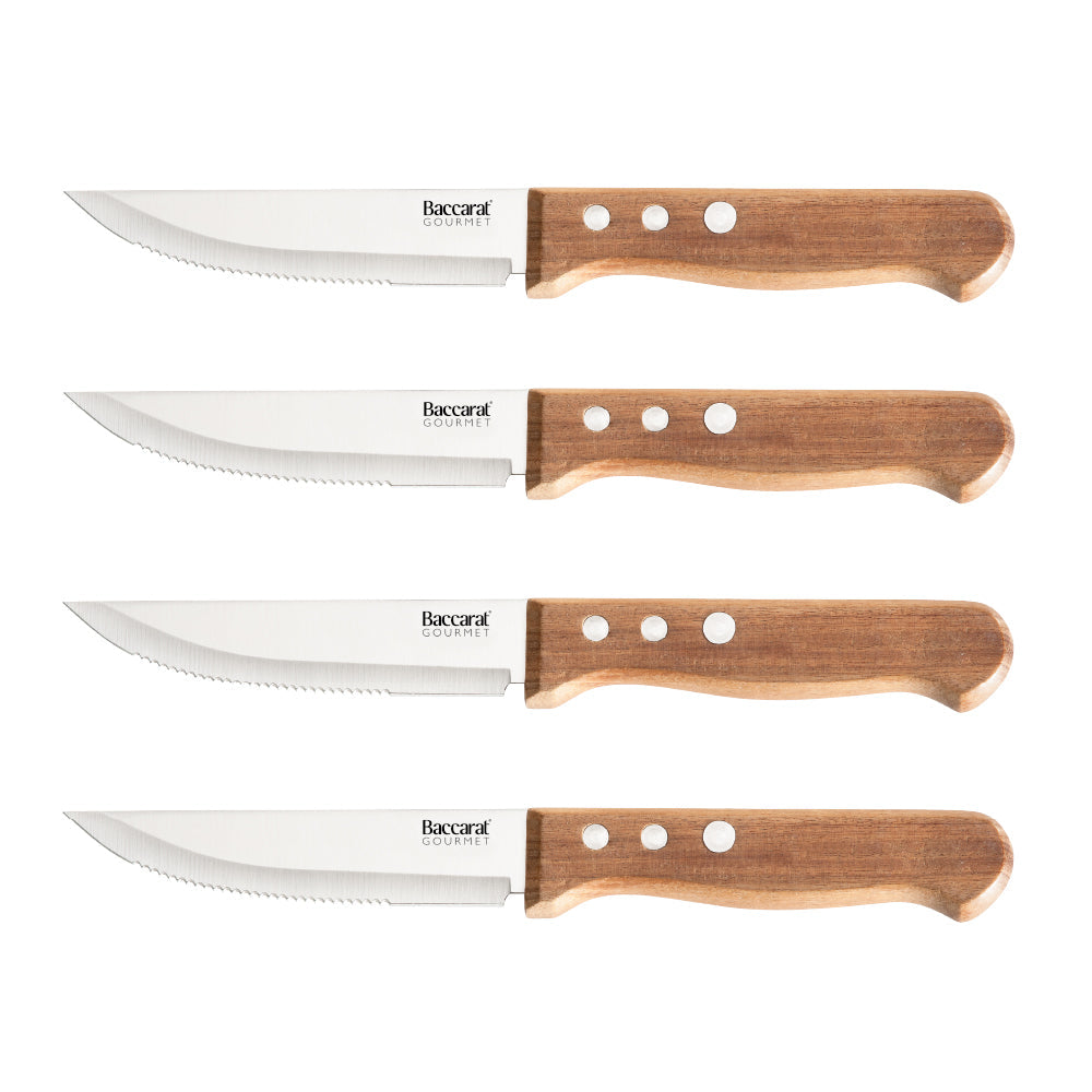 Four piece gourmet steak knife set with sleek silver blades and brown wooden handles - Baccarat