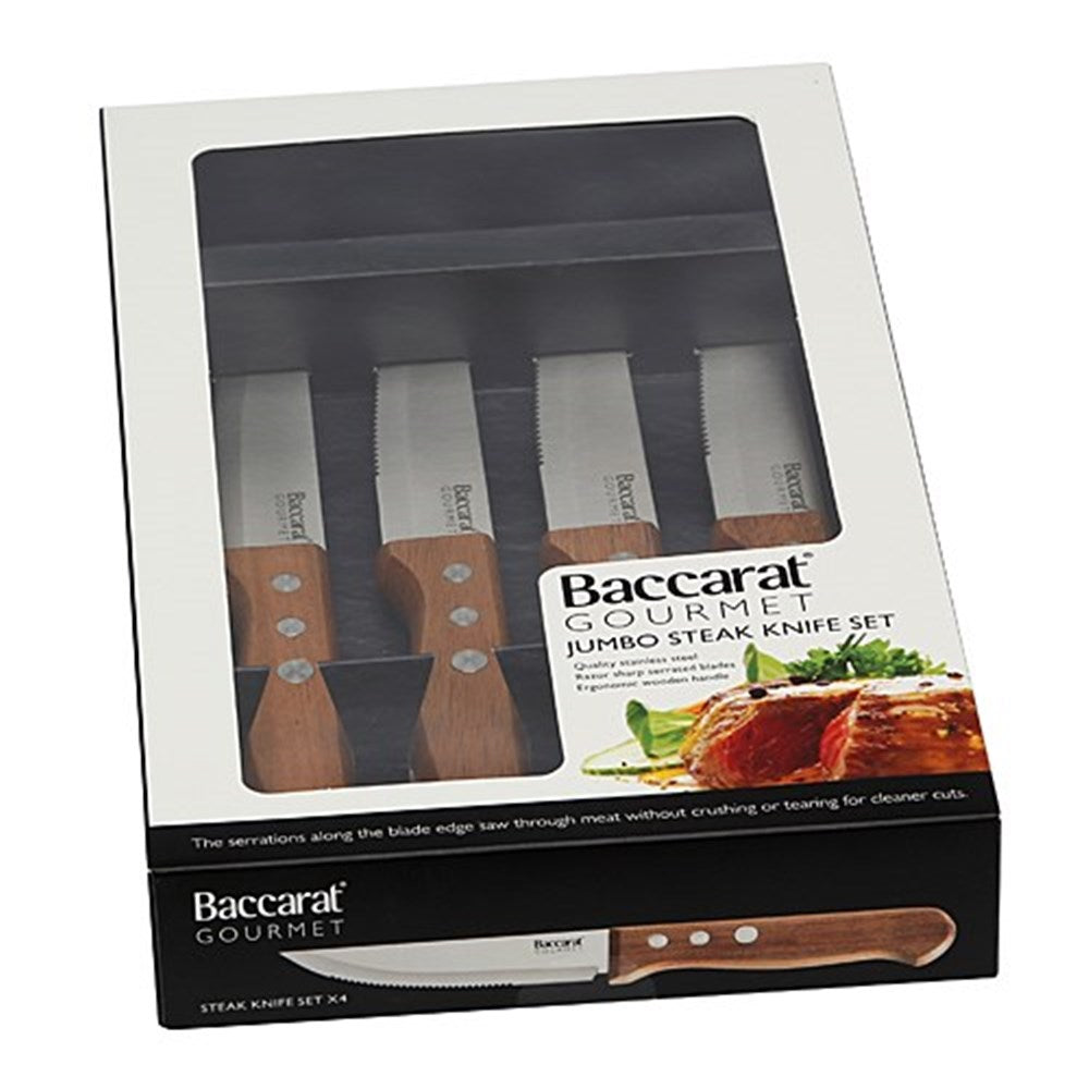 Four piece gourmet steak knife set with sleek silver blades and brown wooden handles - Baccarat