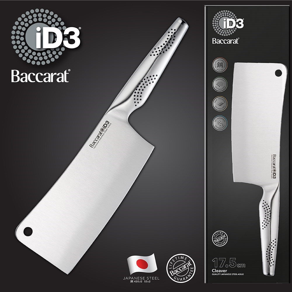 A modern cleaver knife with a sleek silver finish on a dark background - Baccarat