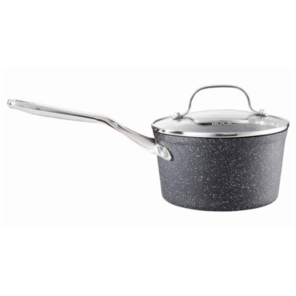 A 16cm black saucepan filled with green beans and potatoes on a marble surface - Baccarat Rock