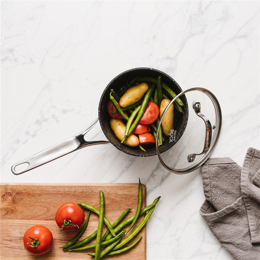 A sleek grill pan filled with vibrant tomatoes and green beans - Baccarat rock grill pan 28cm