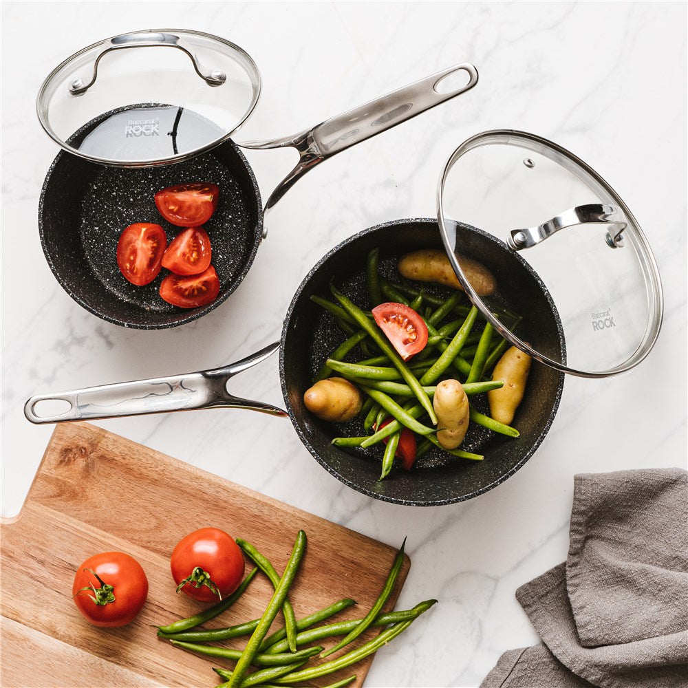 A sleek grill pan filled with vibrant tomatoes and green beans - Baccarat rock grill pan 28cm