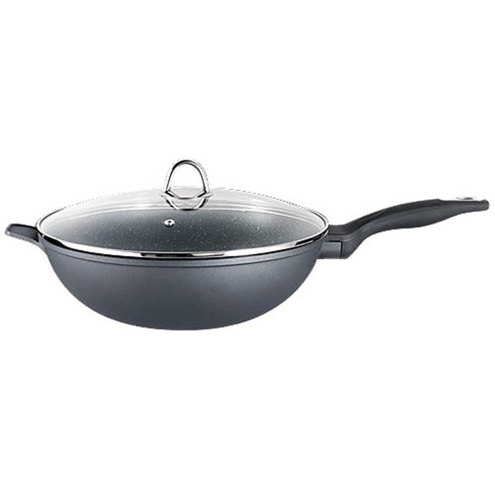 Nonstick wok with lid cooking icons and lifetime guarantee in black and white - Baccarat
