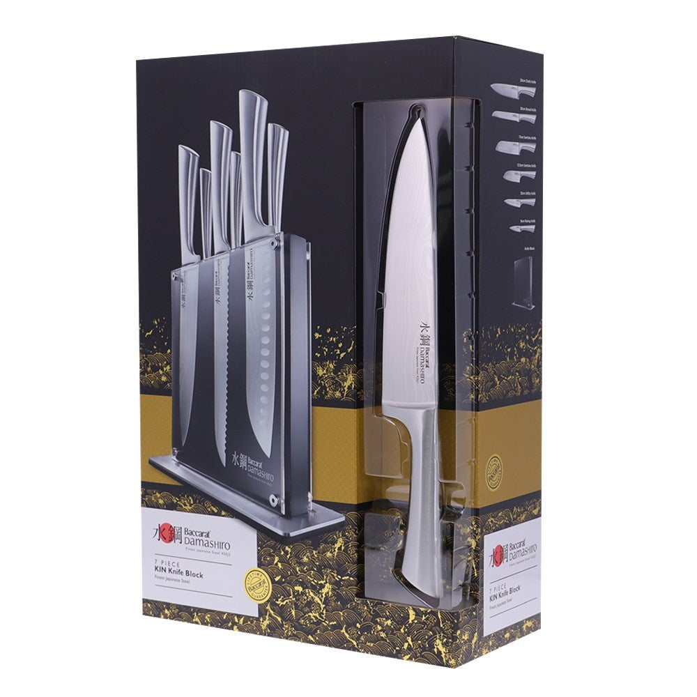 Elegant knife block showcasing seven premium knives with a modern design - Baccarat Damashiro Kin