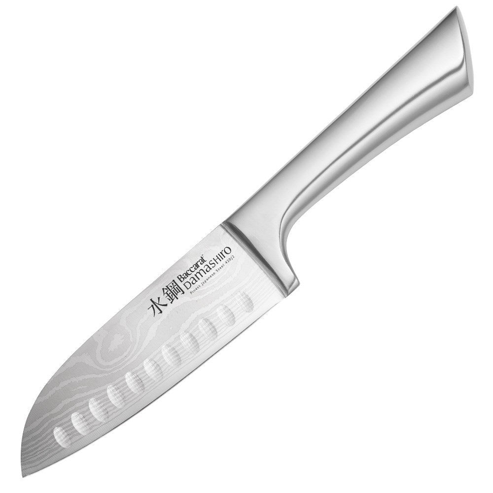sliced purple shallots on textured surface with shiny blade - Baccarat damashiro santoku knife 14cm