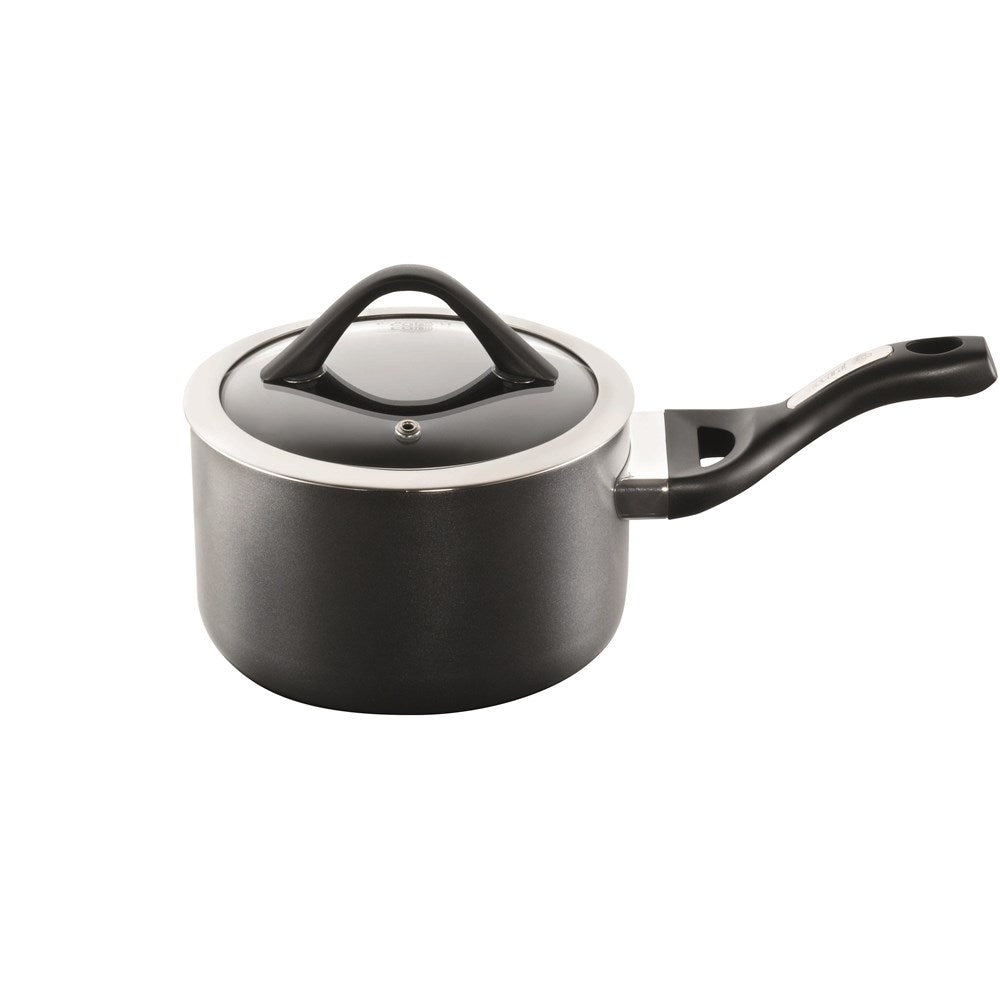 Hard anodised saucepan with lid and bakelite handle vegetables on gray surface - Baccarat