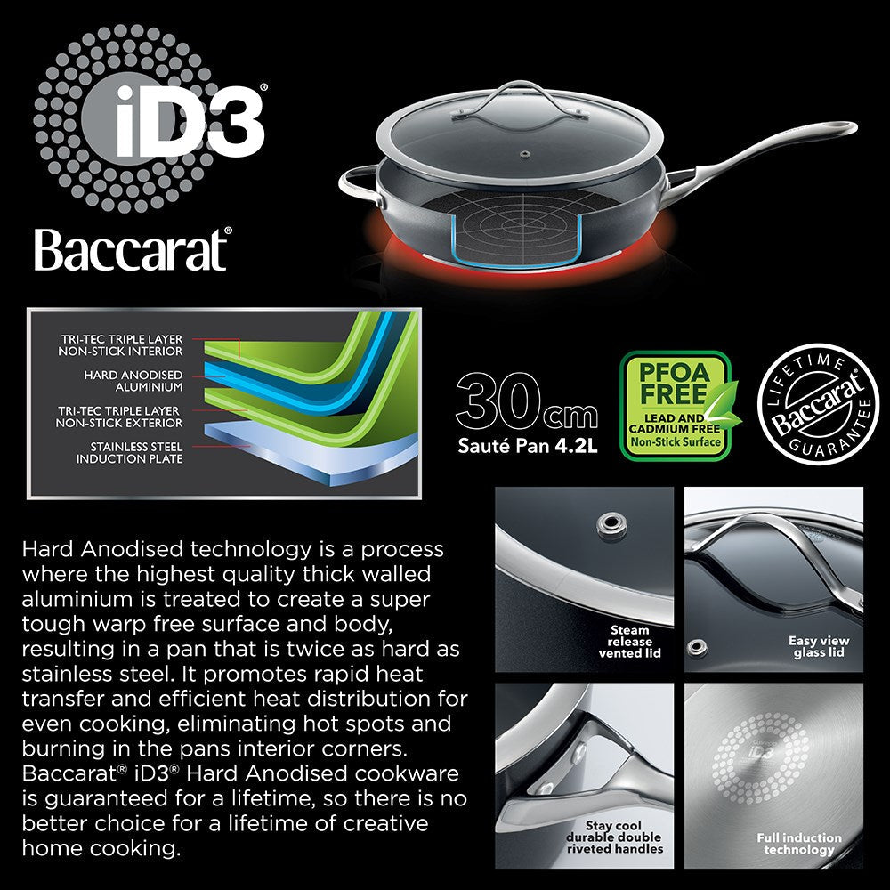 Vibrant cooked meals arranged on a wooden table in a 30cm non stick saute pan with lid - Baccarat