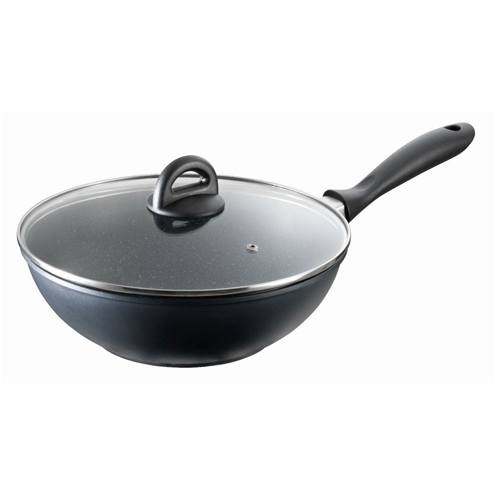 28cm stone wok with lid on dark surface showcasing non-stick finish - Baccarat
