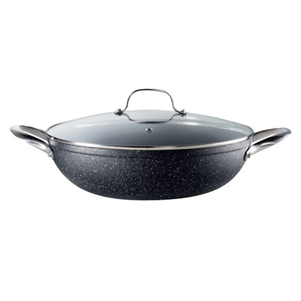 A vibrant vegetable stir fry in a black wok on a marble countertop - 32cm Pan with Lid- Baccarat