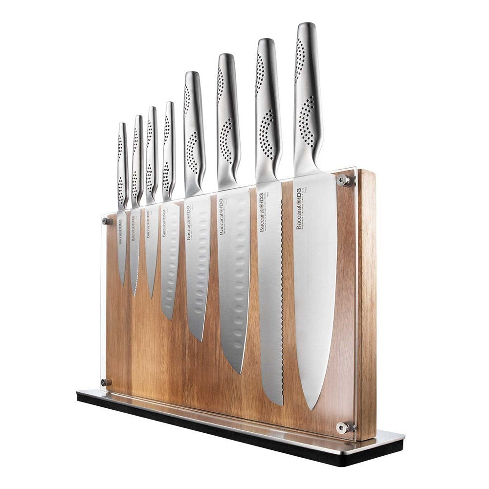 Chopping board with onions and a knife beside knife block - Baccarat id3 Ryu Knife Block 9-Piece