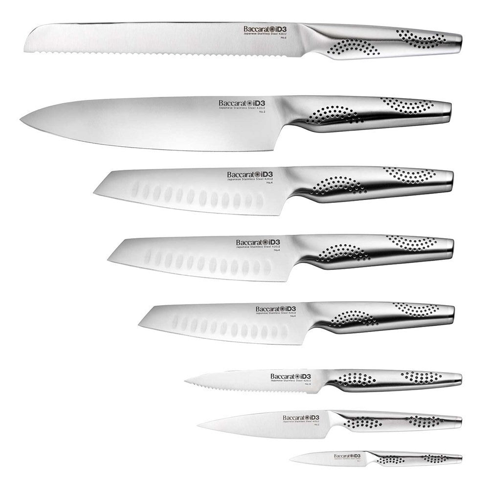 Chopping board with onions and a knife beside knife block - Baccarat id3 Ryu Knife Block 9-Piece