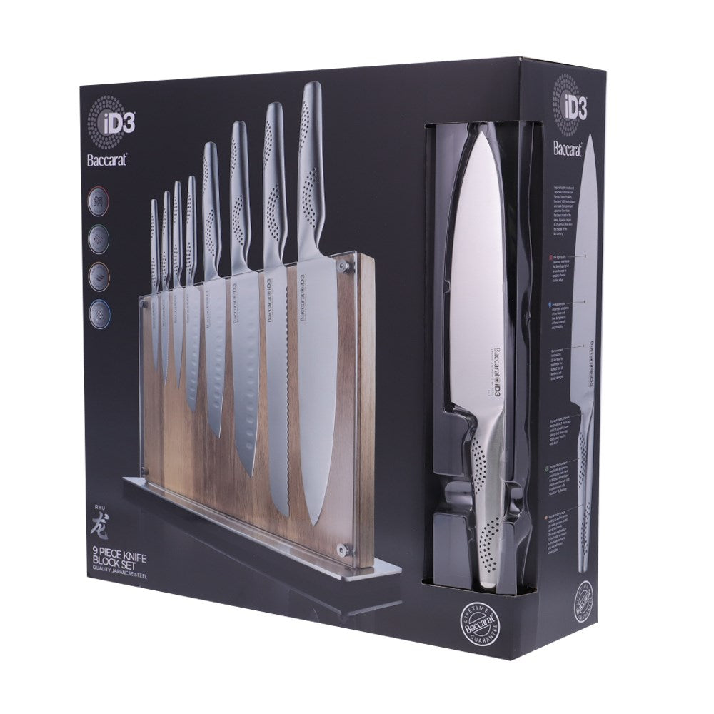 Chopping board with onions and a knife beside knife block - Baccarat id3 Ryu Knife Block 9-Piece