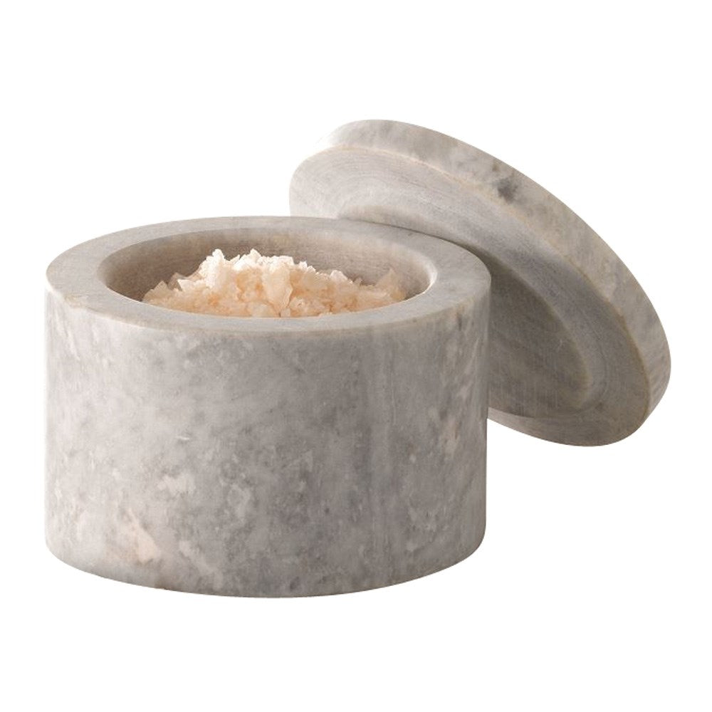 Gray marble salt container with lid and coarse salt inside - Baccarat spice market pinta salt keeper