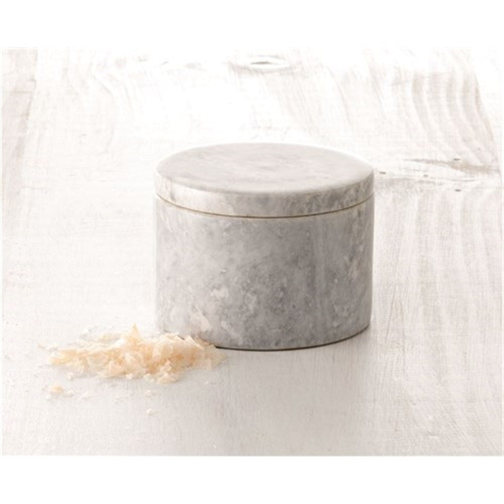 Gray marble salt container with lid and coarse salt inside - Baccarat spice market pinta salt keeper