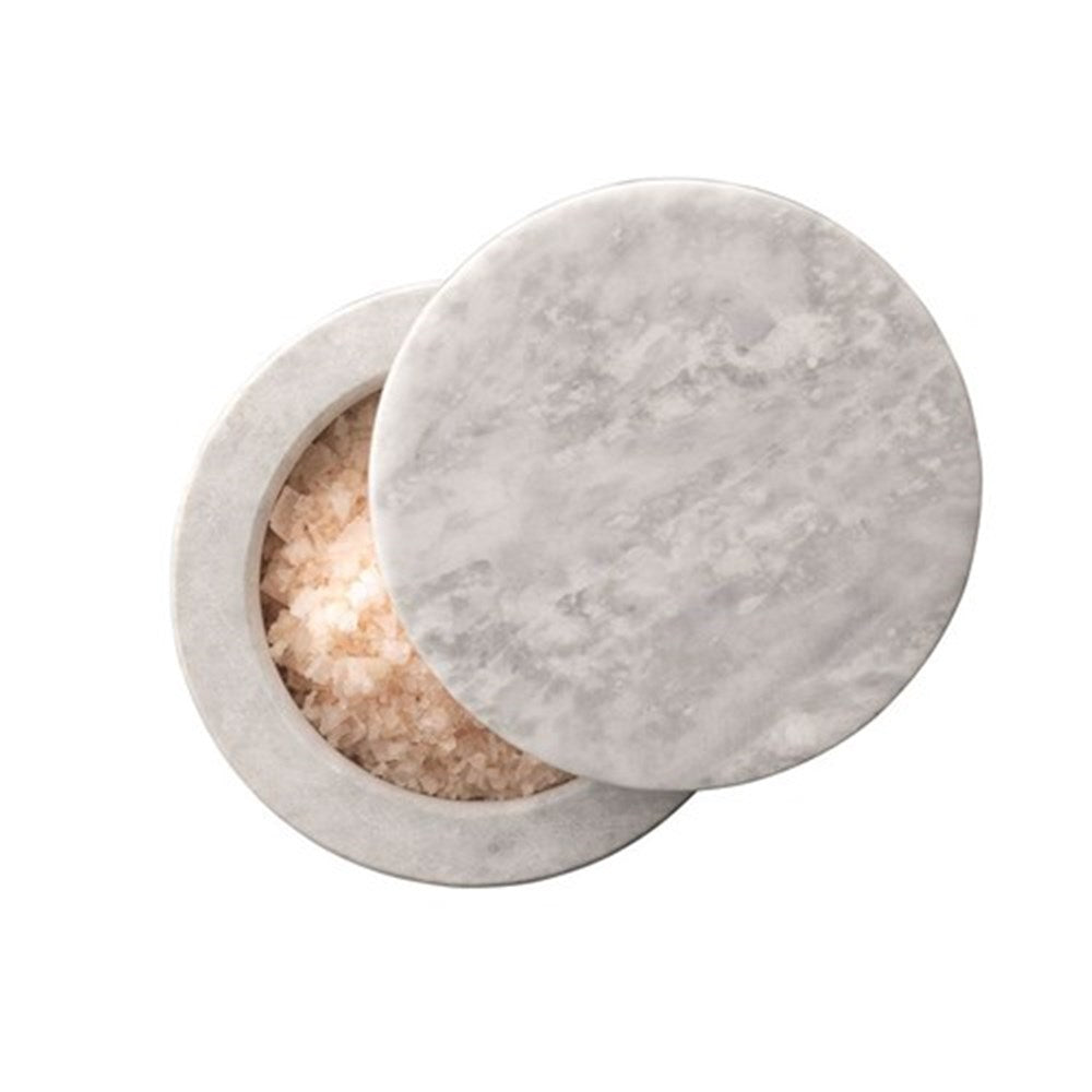Gray marble salt container with lid and coarse salt inside - Baccarat spice market pinta salt keeper