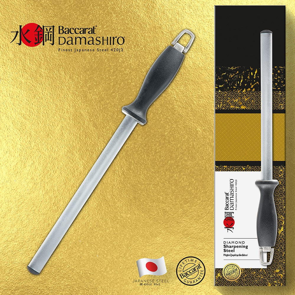 Sharp stainless steel knife resting on a wooden cutting board with fresh herbs - Baccarat Damashiro