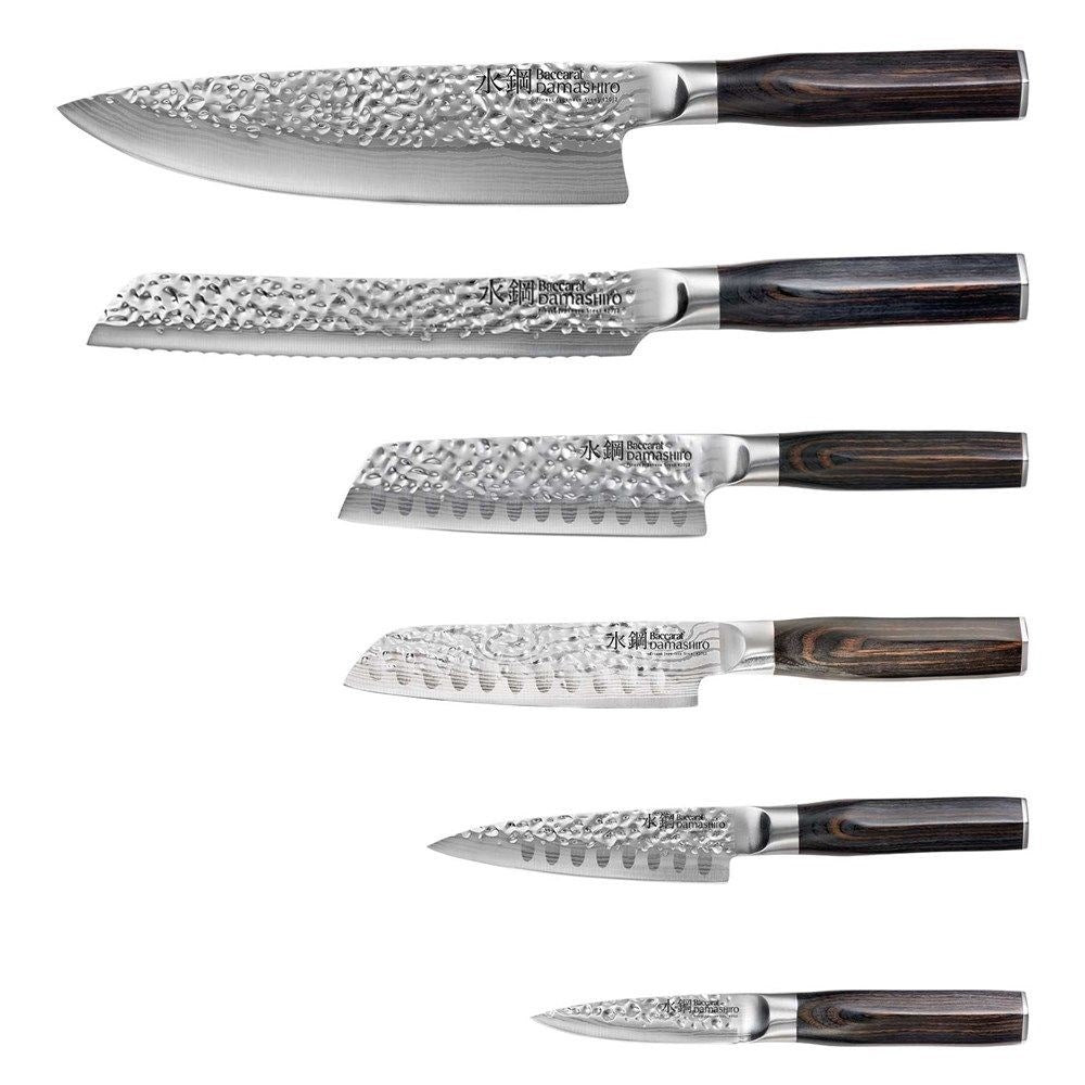 Baccarat Damashiro Emperor Shi knife block with seven premium knives featuring elegant handles