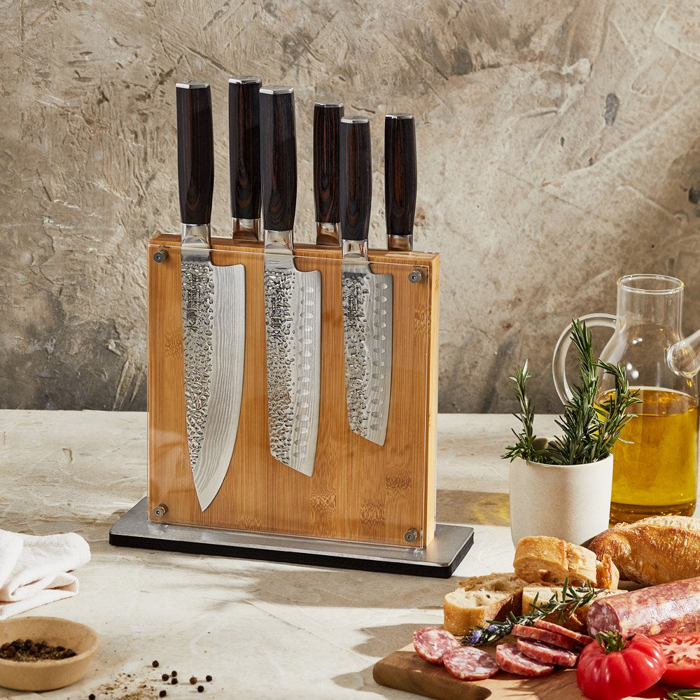 Baccarat Damashiro Emperor Shi knife block with seven premium knives featuring elegant handles