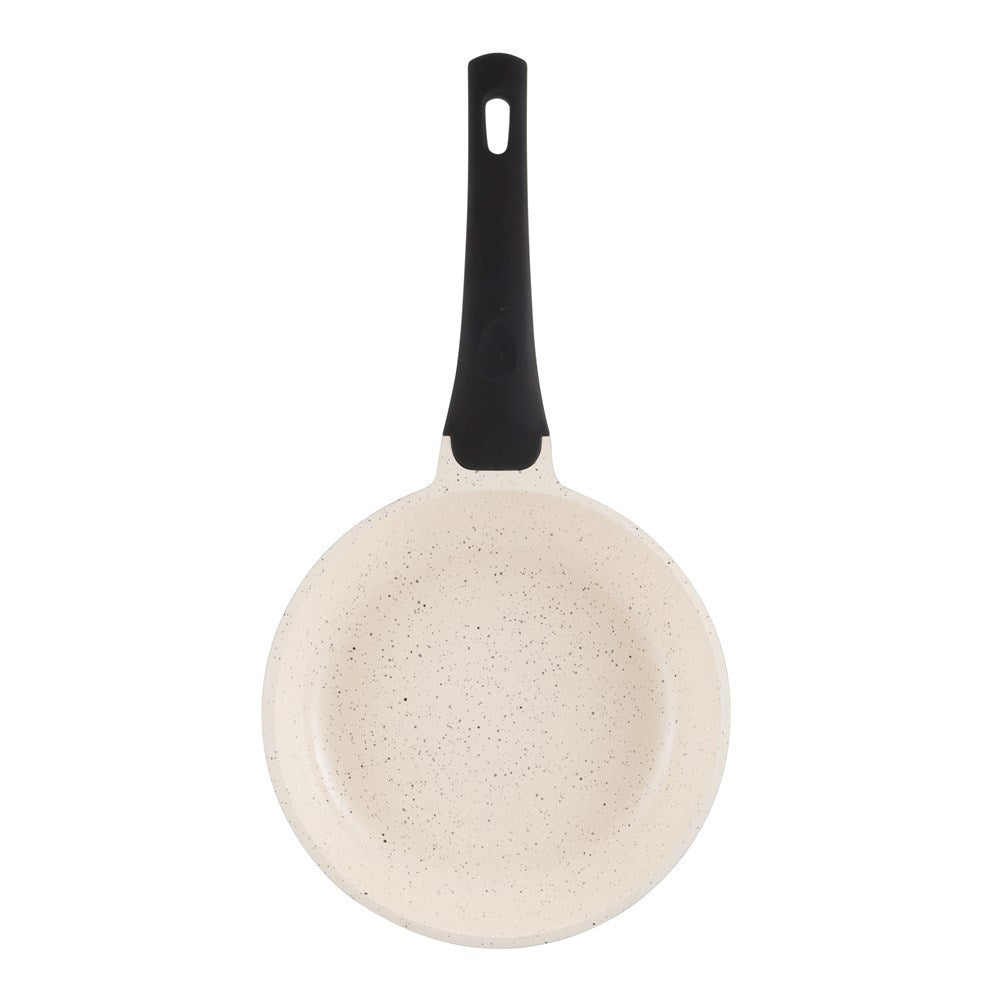 Three bundles of asparagus wrapped in prosciutto in a white fry pan - Baccarat ceramix fry pan 20cm