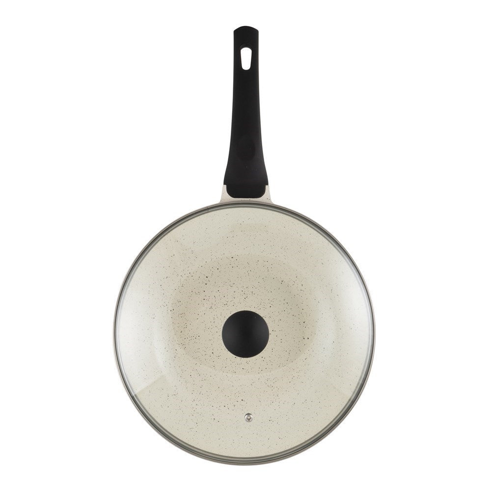 Stir frying colourful vegetables in a black ceramic pan with a glass lid - Baccarat ceramix stirfry