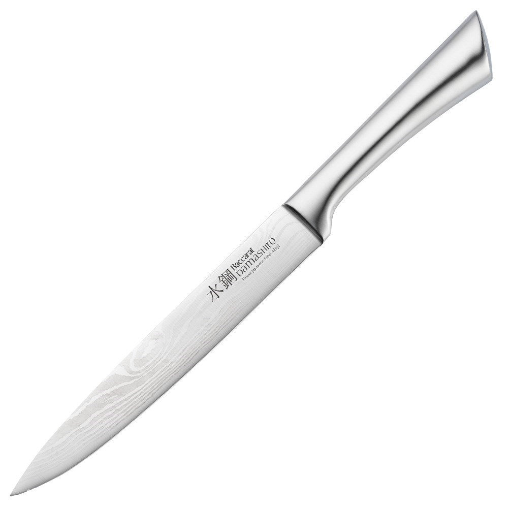 A beautifully sliced roast on wooden board with sharp blade - Baccarat Damashiro Carving Knife 20cm